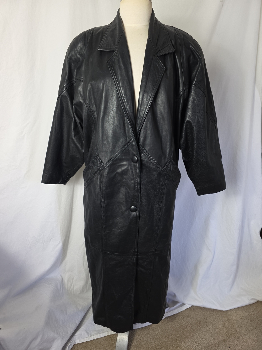 Winlit Trench Coat Womens Medium Black Leather Long 80s Vintage Goth Matrix
